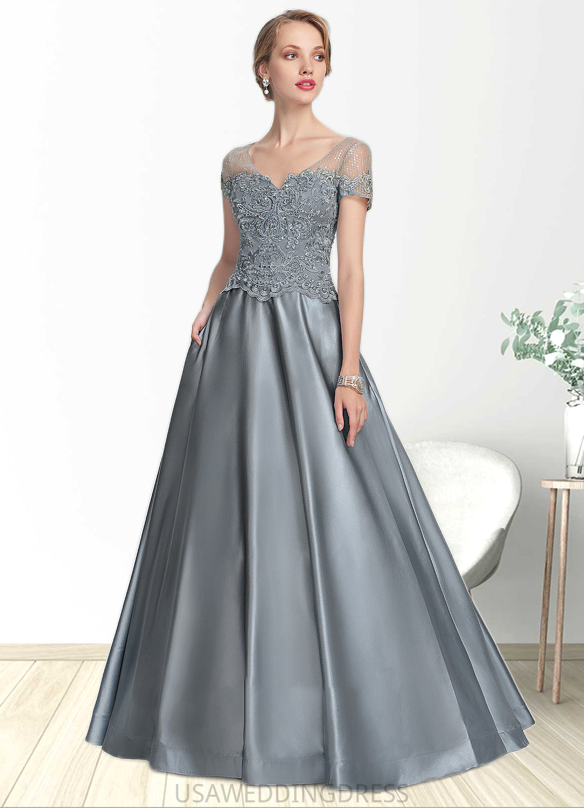 Haven A-Line V-neck Floor-Length Satin Lace Mother of the Bride Dress With Beading Sequins DS126P0014730