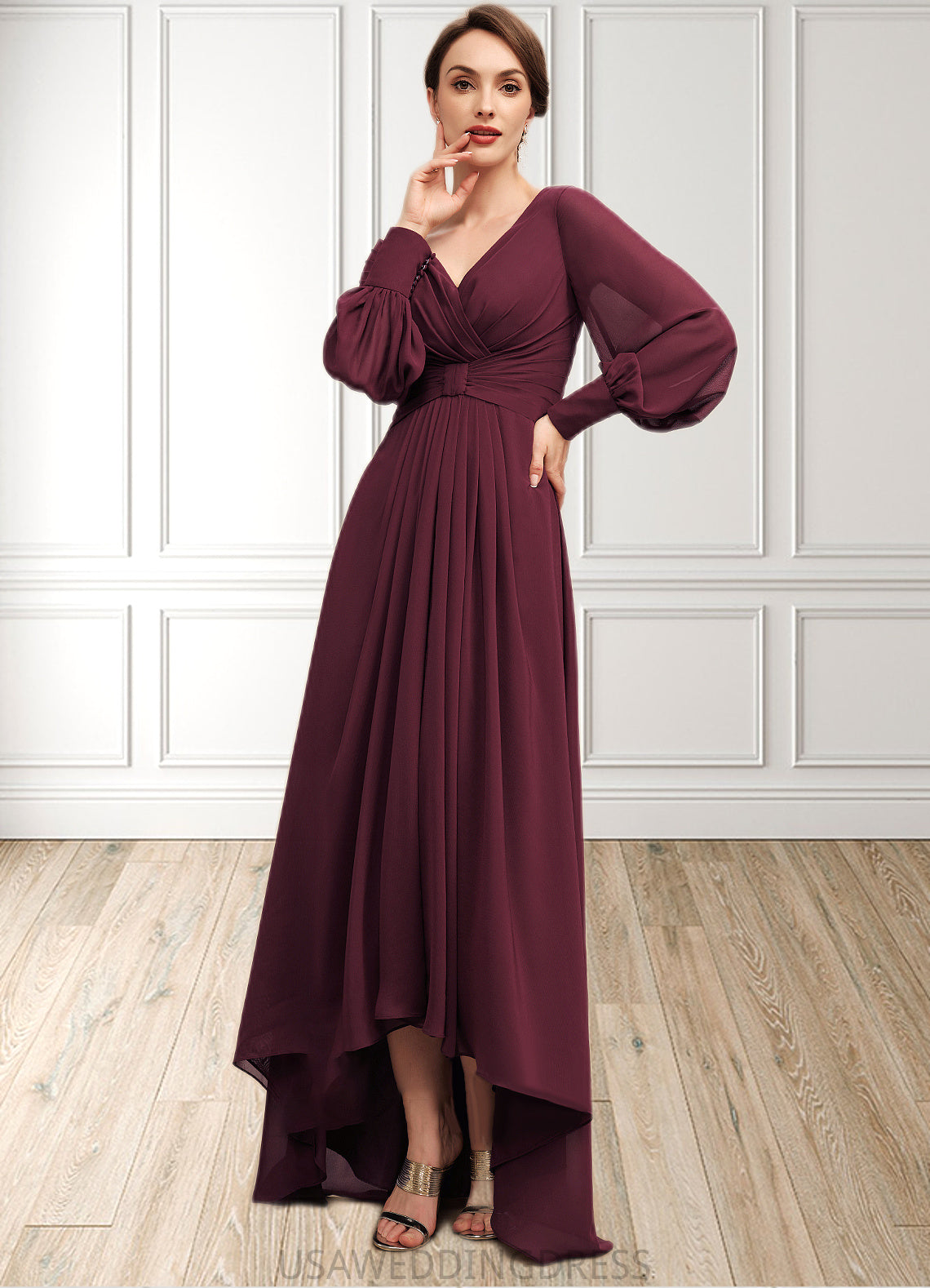 Eleanor A-Line V-neck Asymmetrical Chiffon Mother of the Bride Dress With Ruffle DS126P0014732