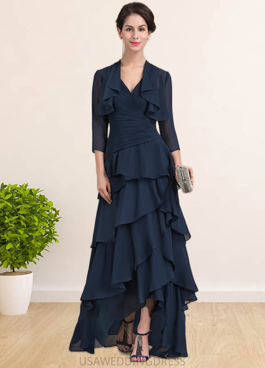 London A-Line V-neck Asymmetrical Chiffon Mother of the Bride Dress With Beading Sequins Cascading Ruffles DS126P0014733