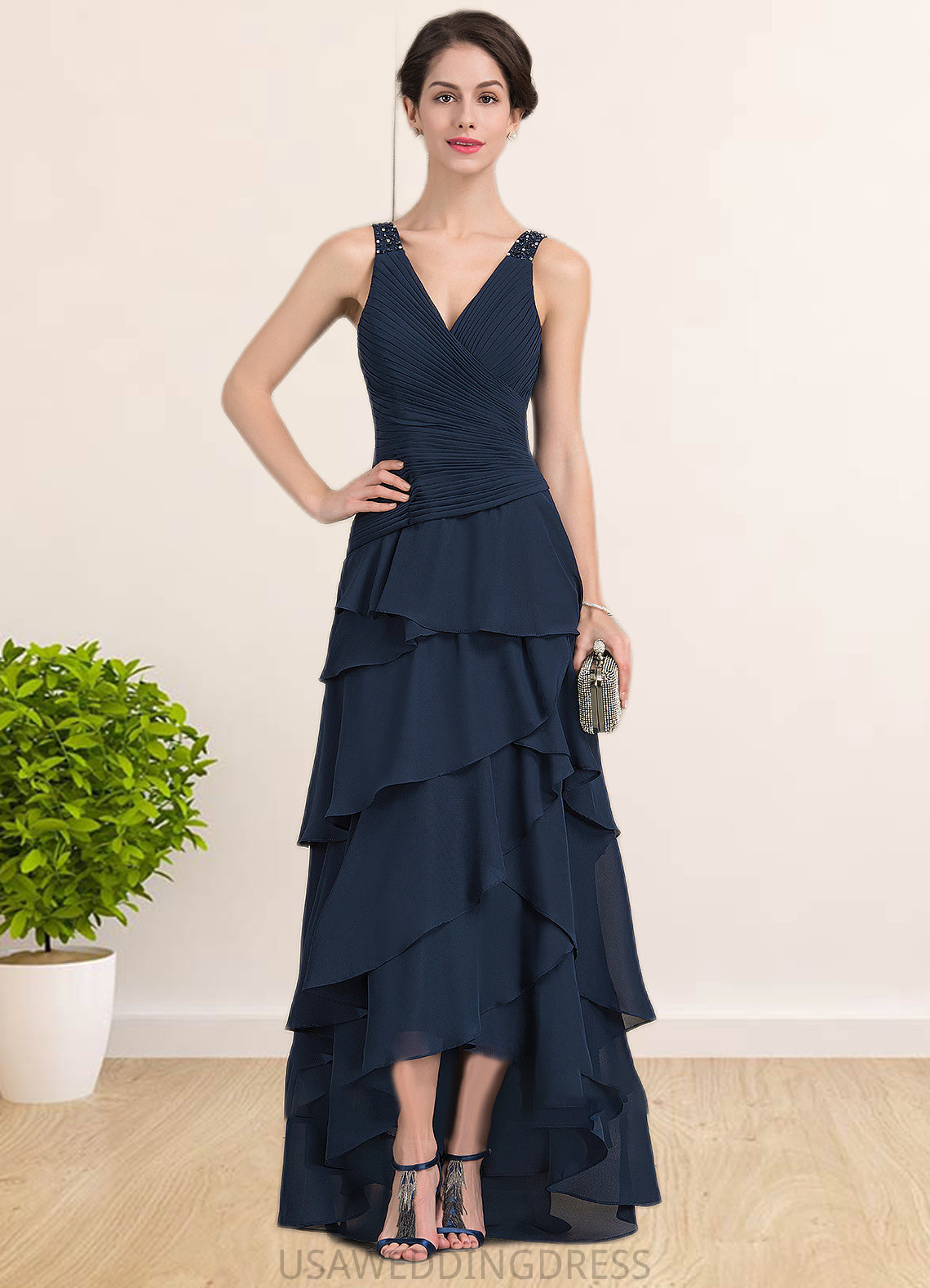 London A-Line V-neck Asymmetrical Chiffon Mother of the Bride Dress With Beading Sequins Cascading Ruffles DS126P0014733