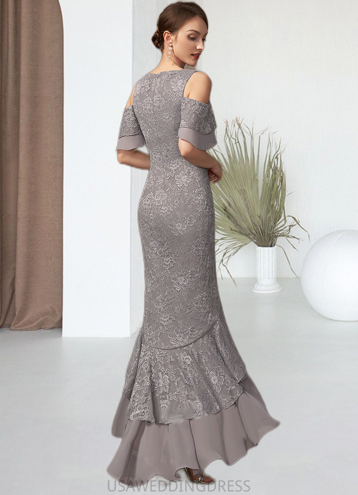 Lydia Trumpet/Mermaid Scoop Neck Asymmetrical Chiffon Lace Mother of the Bride Dress With Cascading Ruffles DS126P0014734