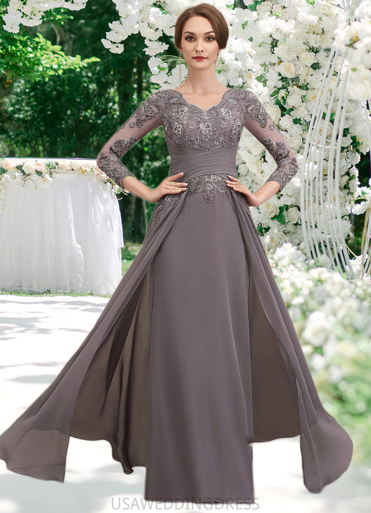 Justine A-Line V-neck Floor-Length Chiffon Lace Mother of the Bride Dress With Ruffle DS126P0014735