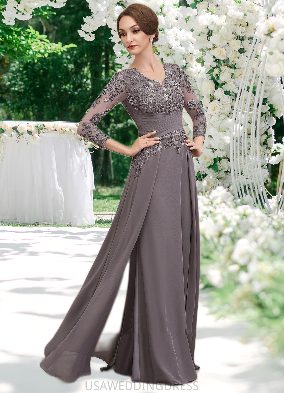 Justine A-Line V-neck Floor-Length Chiffon Lace Mother of the Bride Dress With Ruffle DS126P0014735