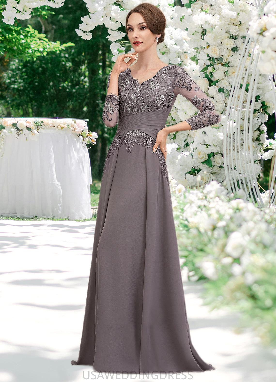 Justine A-Line V-neck Floor-Length Chiffon Lace Mother of the Bride Dress With Ruffle DS126P0014735