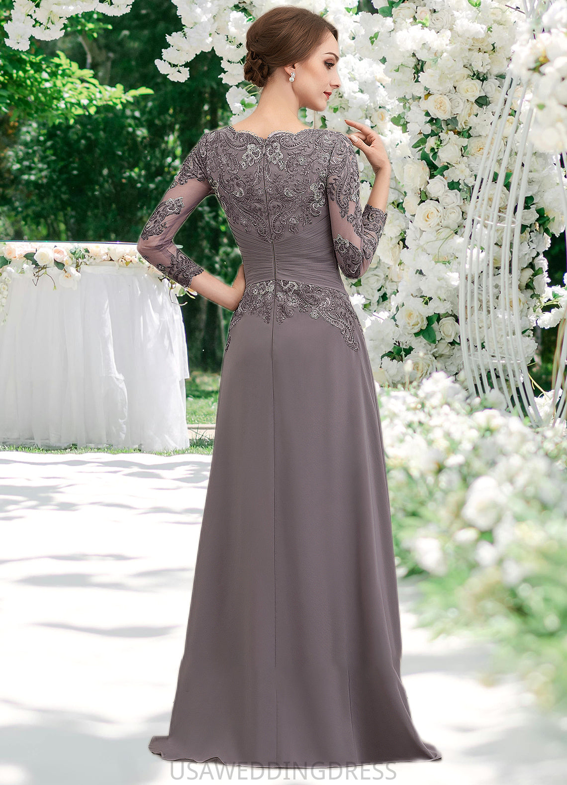 Justine A-Line V-neck Floor-Length Chiffon Lace Mother of the Bride Dress With Ruffle DS126P0014735