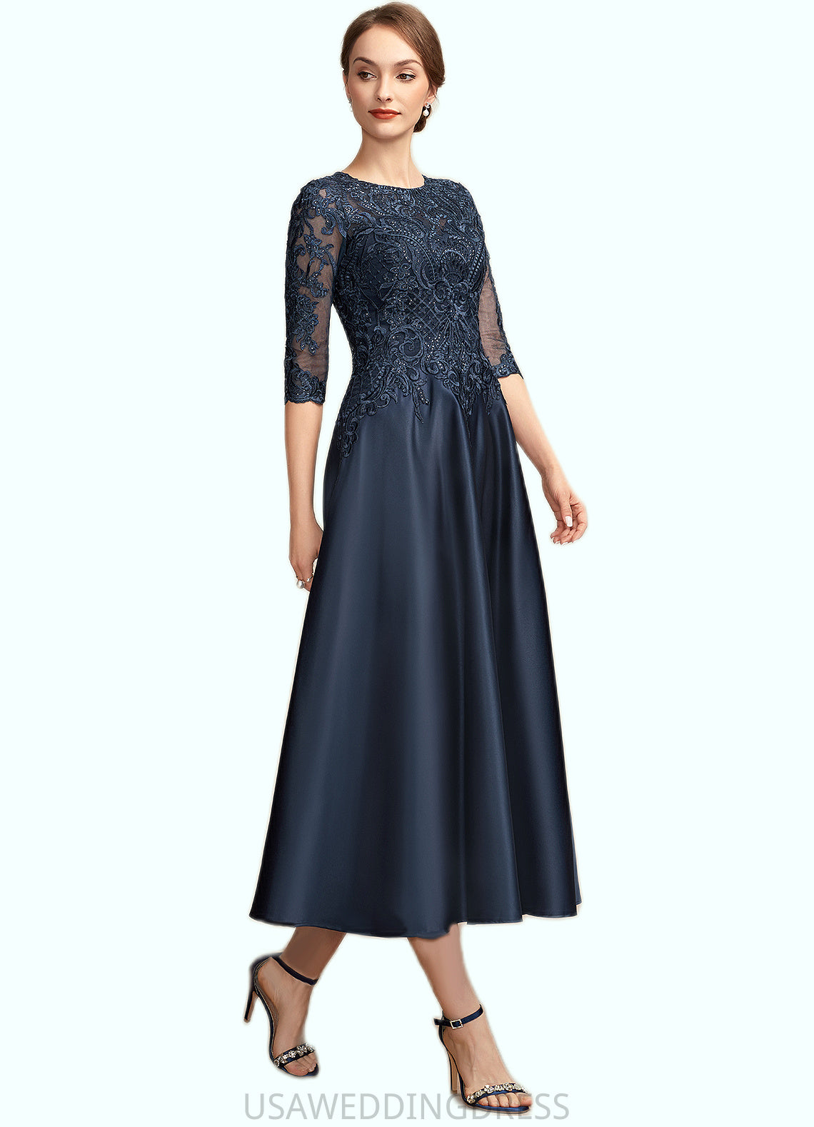 Jillian A-Line Scoop Neck Tea-Length Satin Lace Mother of the Bride Dress With Sequins DS126P0014736