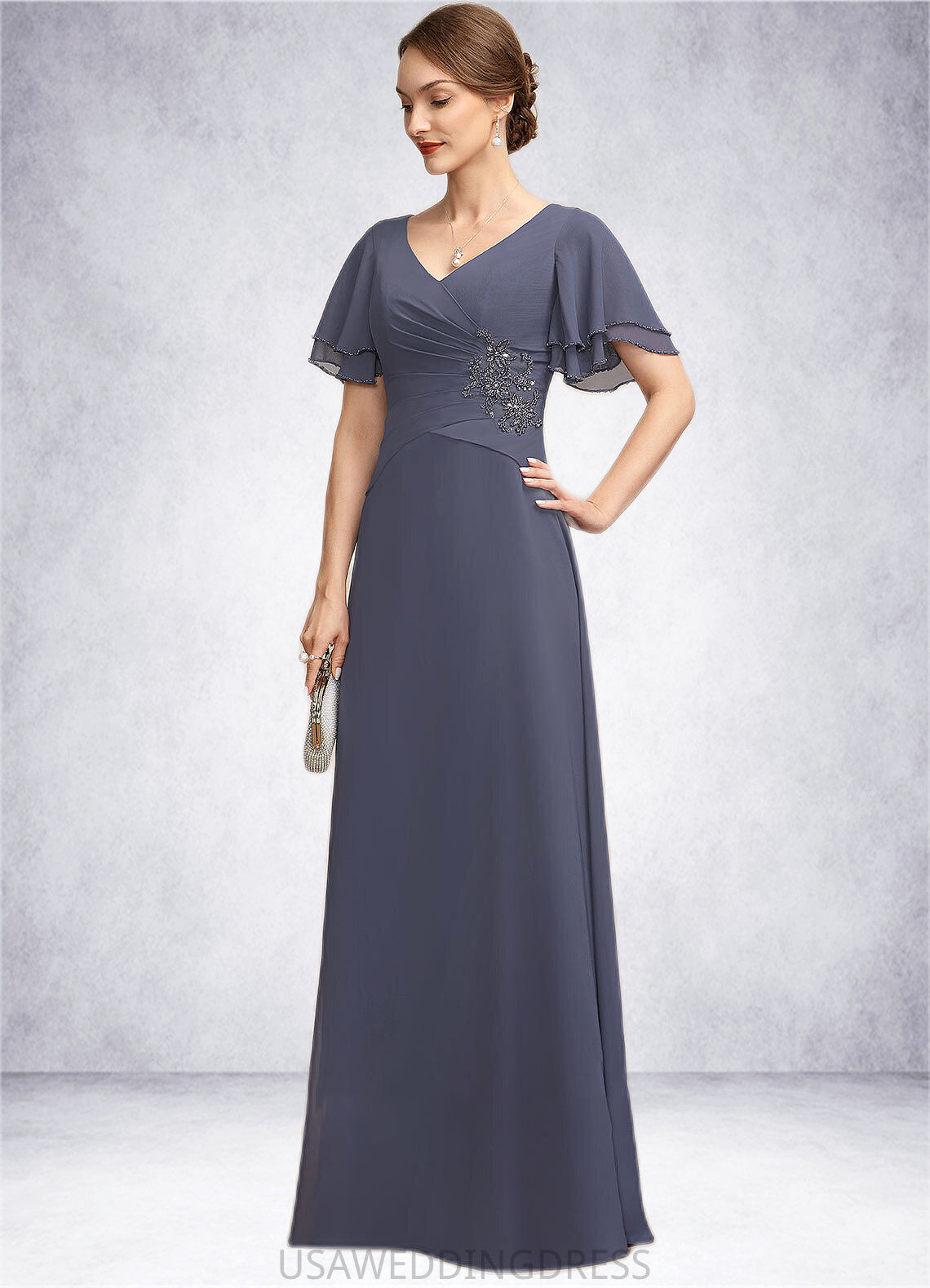 Charlotte A-Line V-neck Floor-Length Chiffon Mother of the Bride Dress With Ruffle Beading DS126P0014737