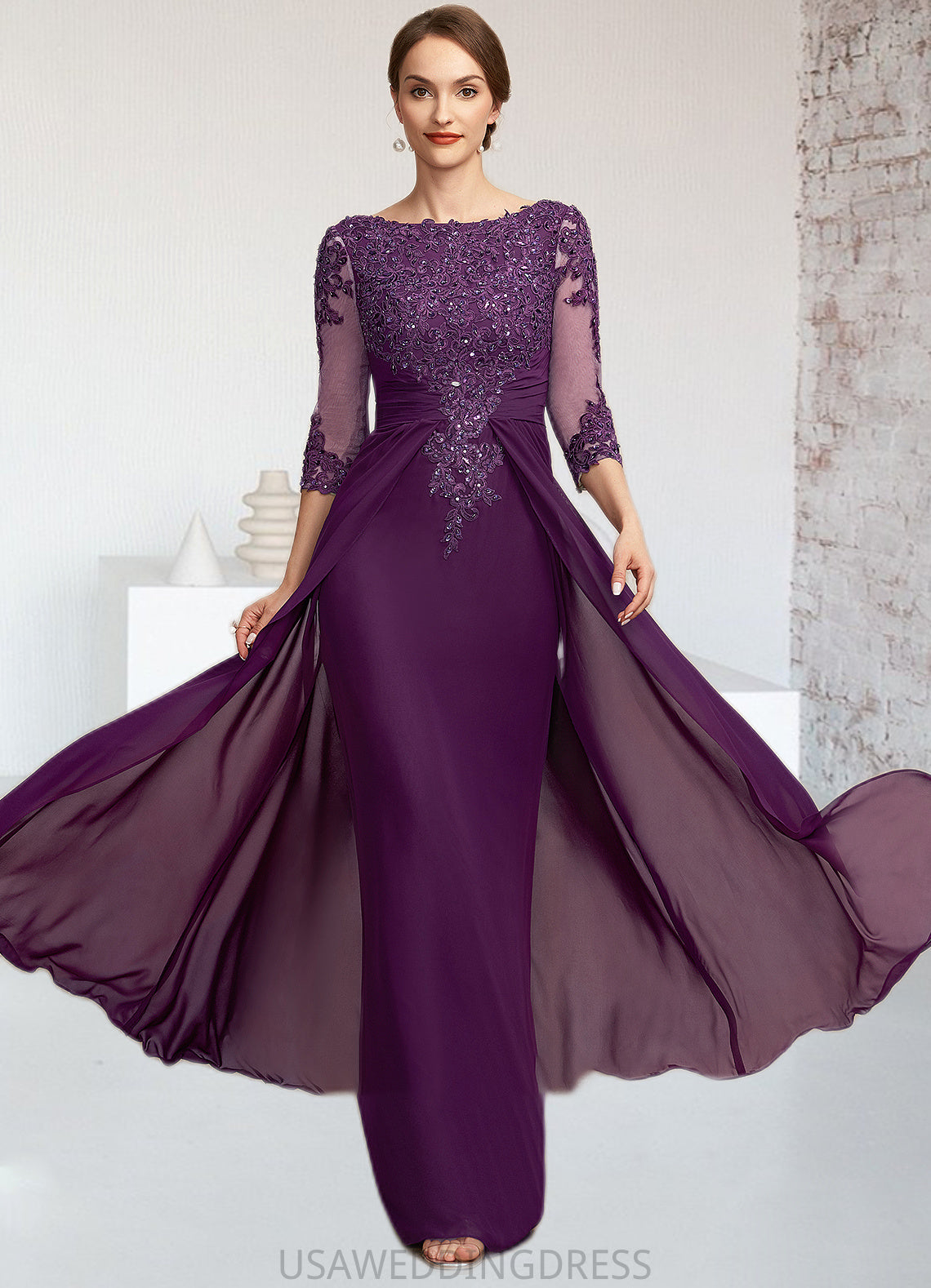 Casey A-Line Scoop Neck Floor-Length Chiffon Lace Mother of the Bride Dress With Beading Sequins DS126P0014738