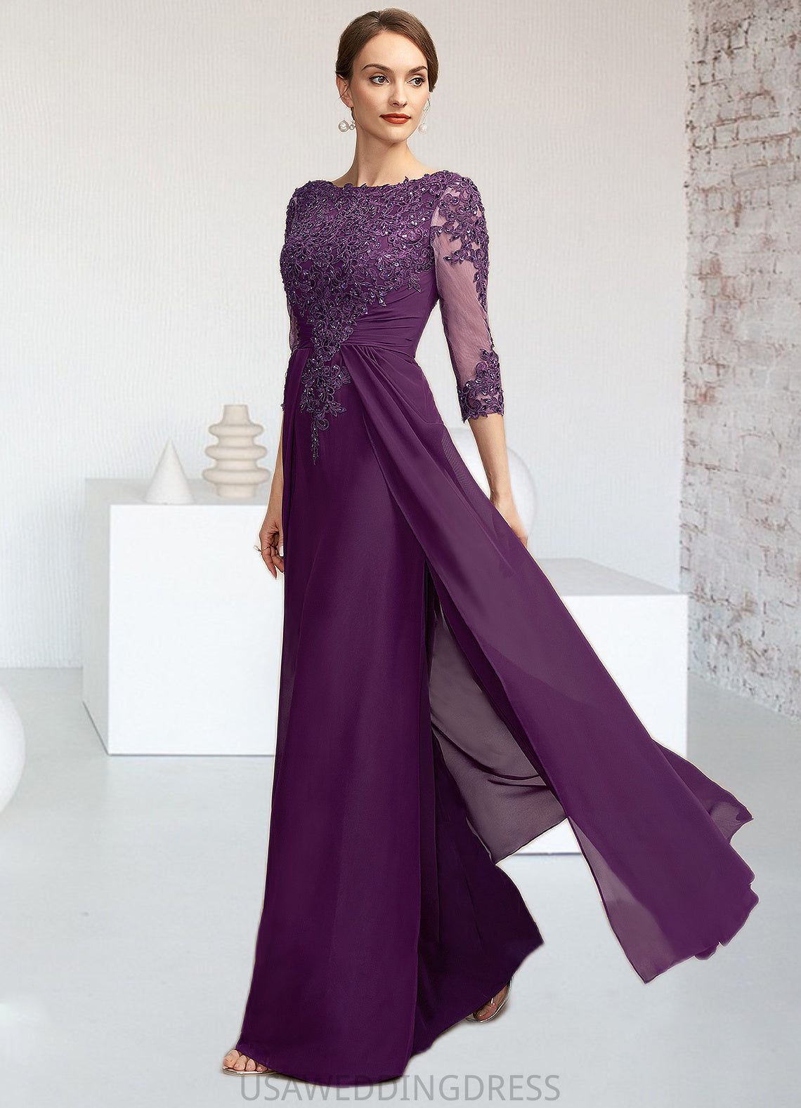 Casey A-Line Scoop Neck Floor-Length Chiffon Lace Mother of the Bride Dress With Beading Sequins DS126P0014738