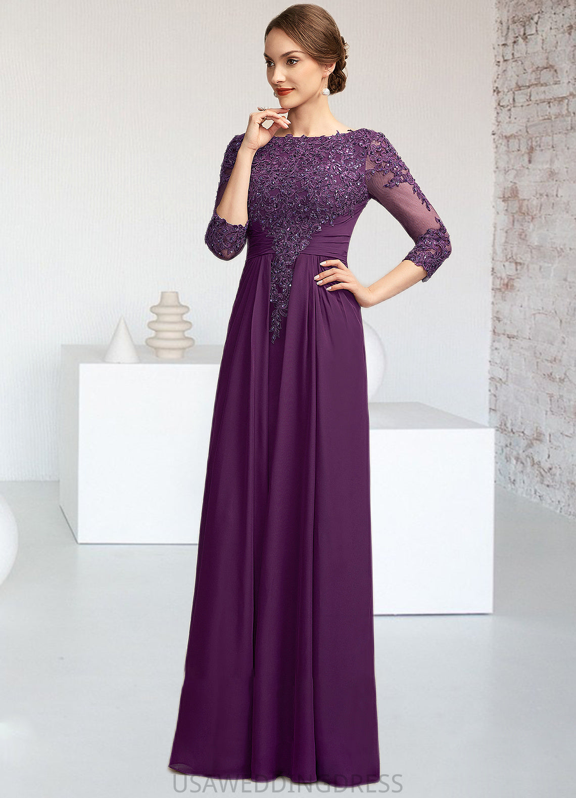 Casey A-Line Scoop Neck Floor-Length Chiffon Lace Mother of the Bride Dress With Beading Sequins DS126P0014738