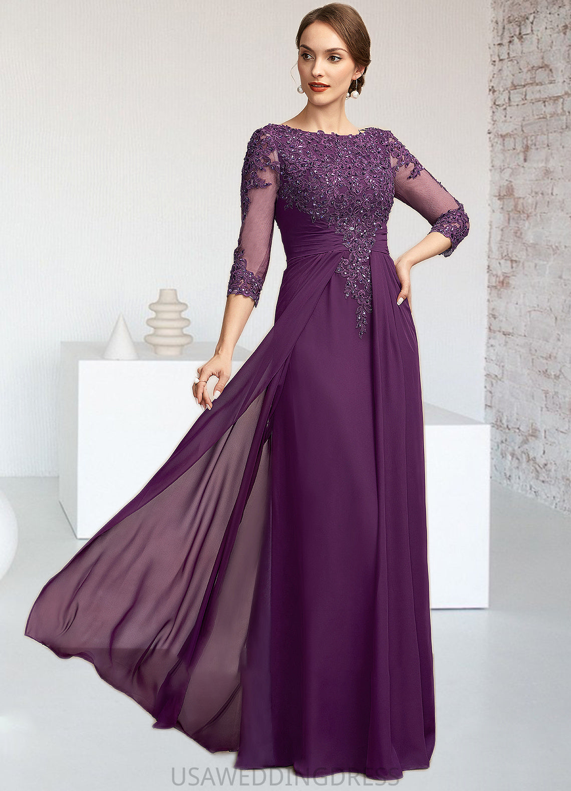 Casey A-Line Scoop Neck Floor-Length Chiffon Lace Mother of the Bride Dress With Beading Sequins DS126P0014738