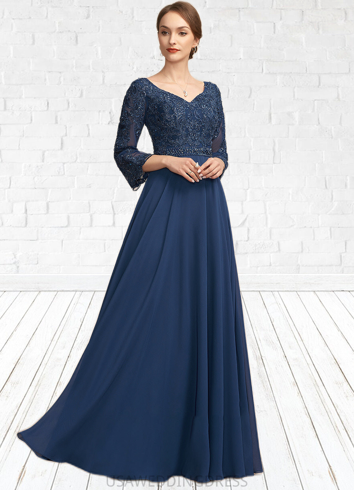 Janessa A-Line V-neck Floor-Length Chiffon Lace Mother of the Bride Dress With Beading Sequins DS126P0014739