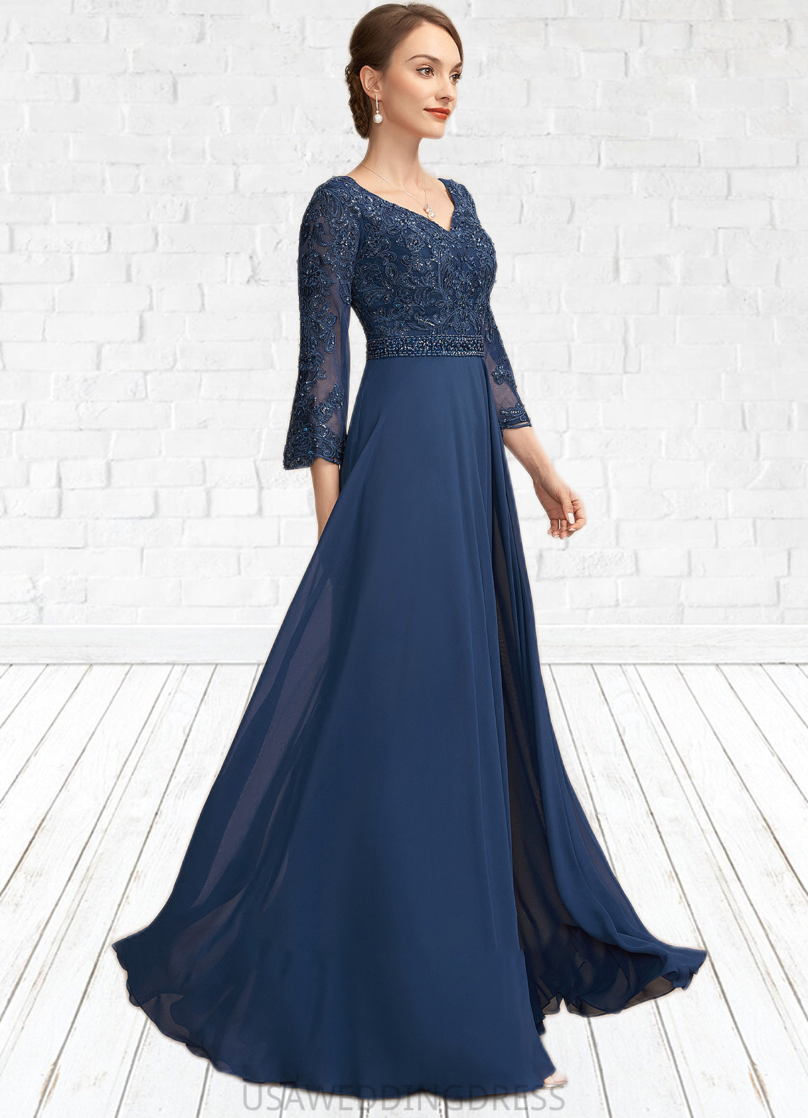 Janessa A-Line V-neck Floor-Length Chiffon Lace Mother of the Bride Dress With Beading Sequins DS126P0014739