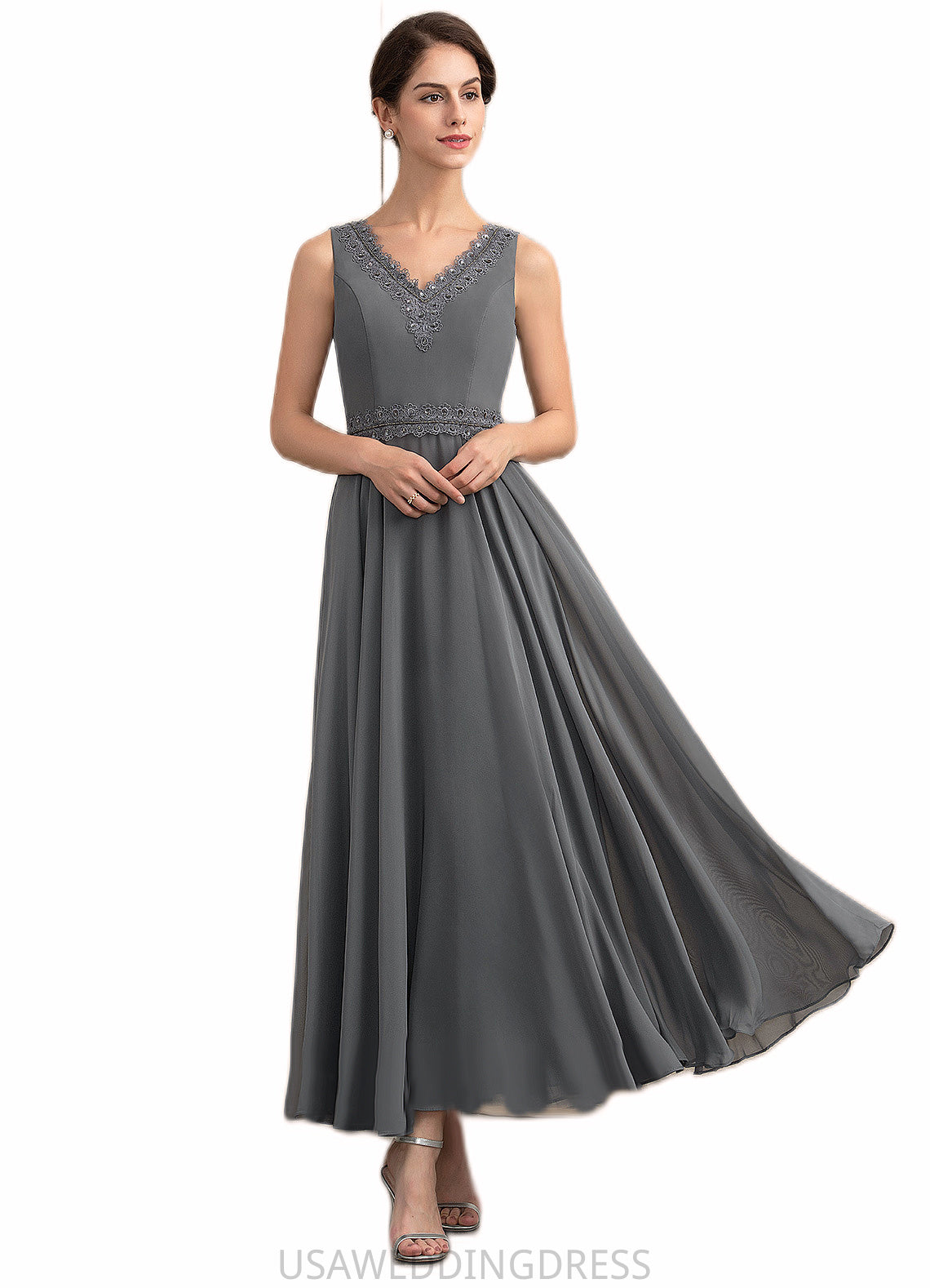 Madalynn A-Line V-neck Ankle-Length Chiffon Mother of the Bride Dress With Beading Sequins DS126P0014740