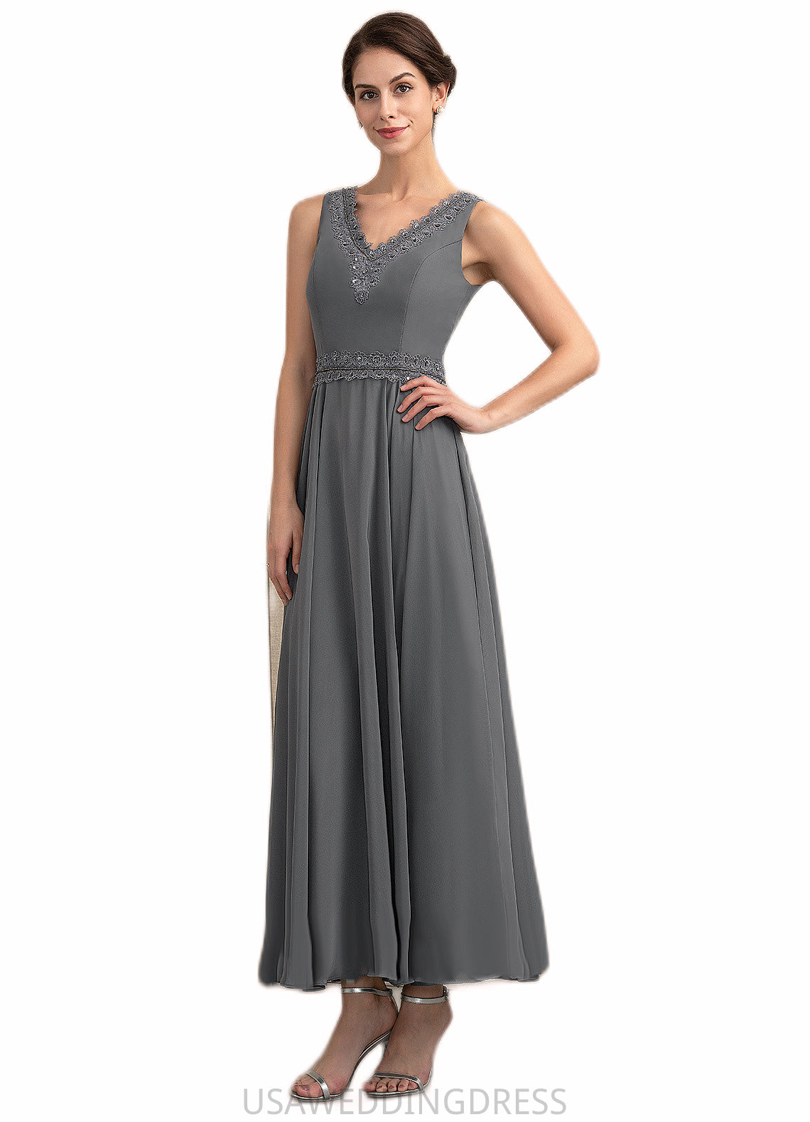 Madalynn A-Line V-neck Ankle-Length Chiffon Mother of the Bride Dress With Beading Sequins DS126P0014740