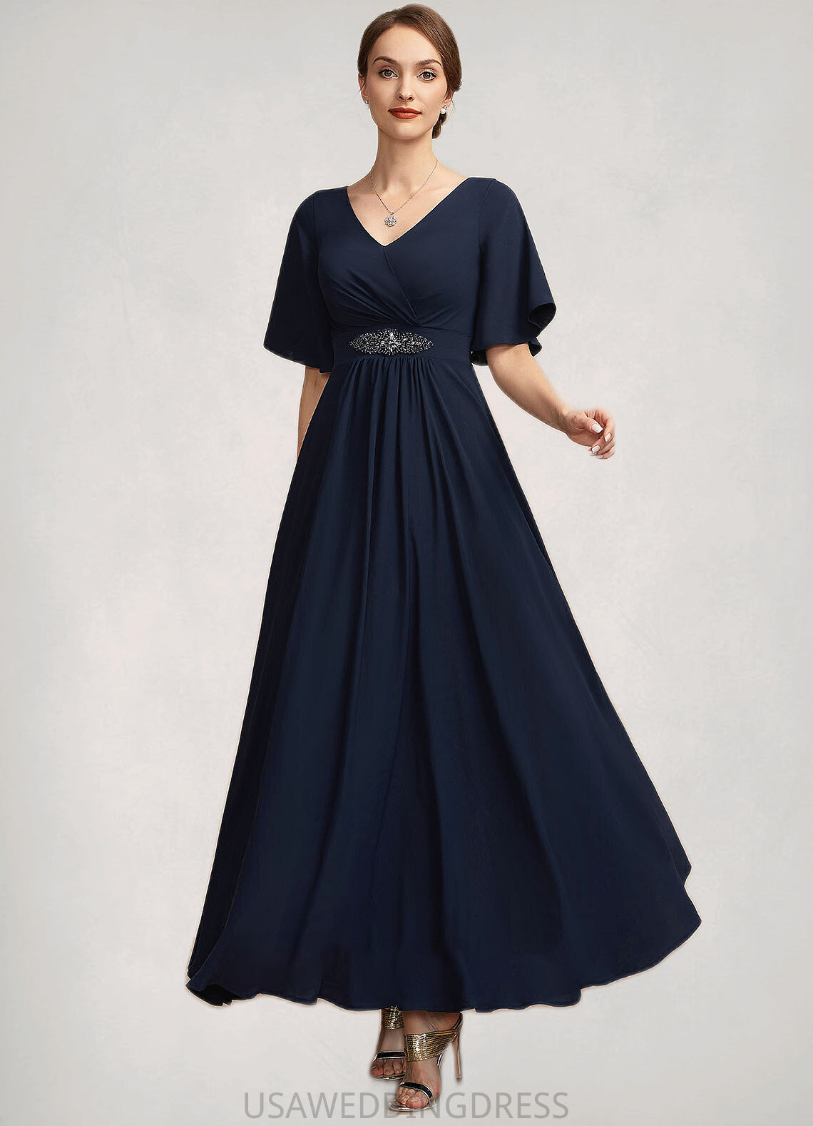 Gracelyn A-Line V-neck Ankle-Length Mother of the Bride Dress With Ruffle DS126P0014742