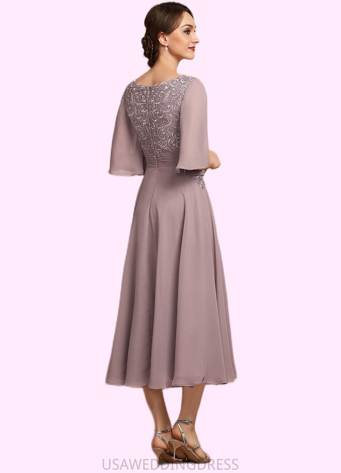 Angela A-Line Scoop Neck Tea-Length Chiffon Lace Mother of the Bride Dress DS126P0014743