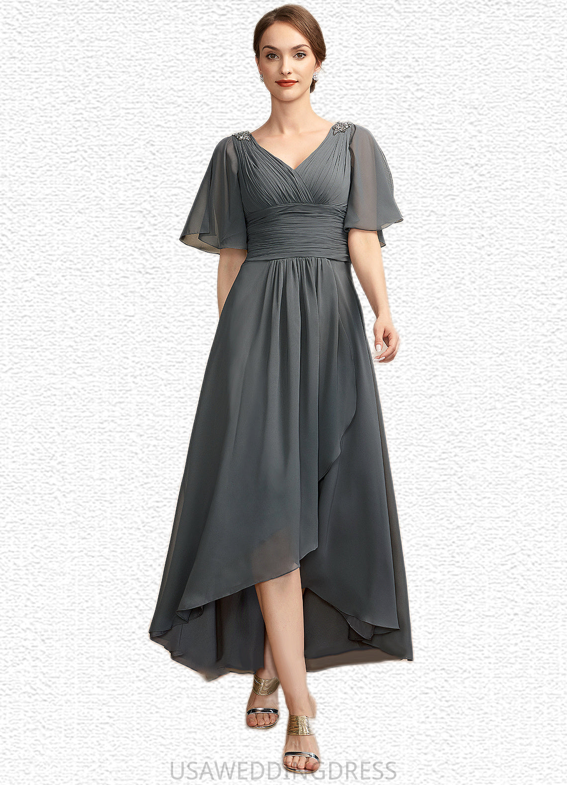 Audrey A-Line V-neck Asymmetrical Chiffon Mother of the Bride Dress With Ruffle Beading DS126P0014744