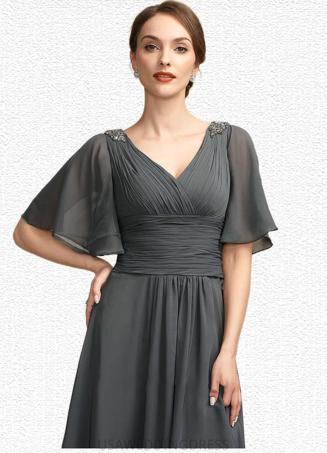 Audrey A-Line V-neck Asymmetrical Chiffon Mother of the Bride Dress With Ruffle Beading DS126P0014744