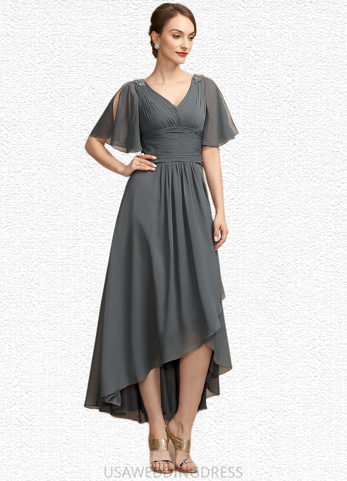 Audrey A-Line V-neck Asymmetrical Chiffon Mother of the Bride Dress With Ruffle Beading DS126P0014744