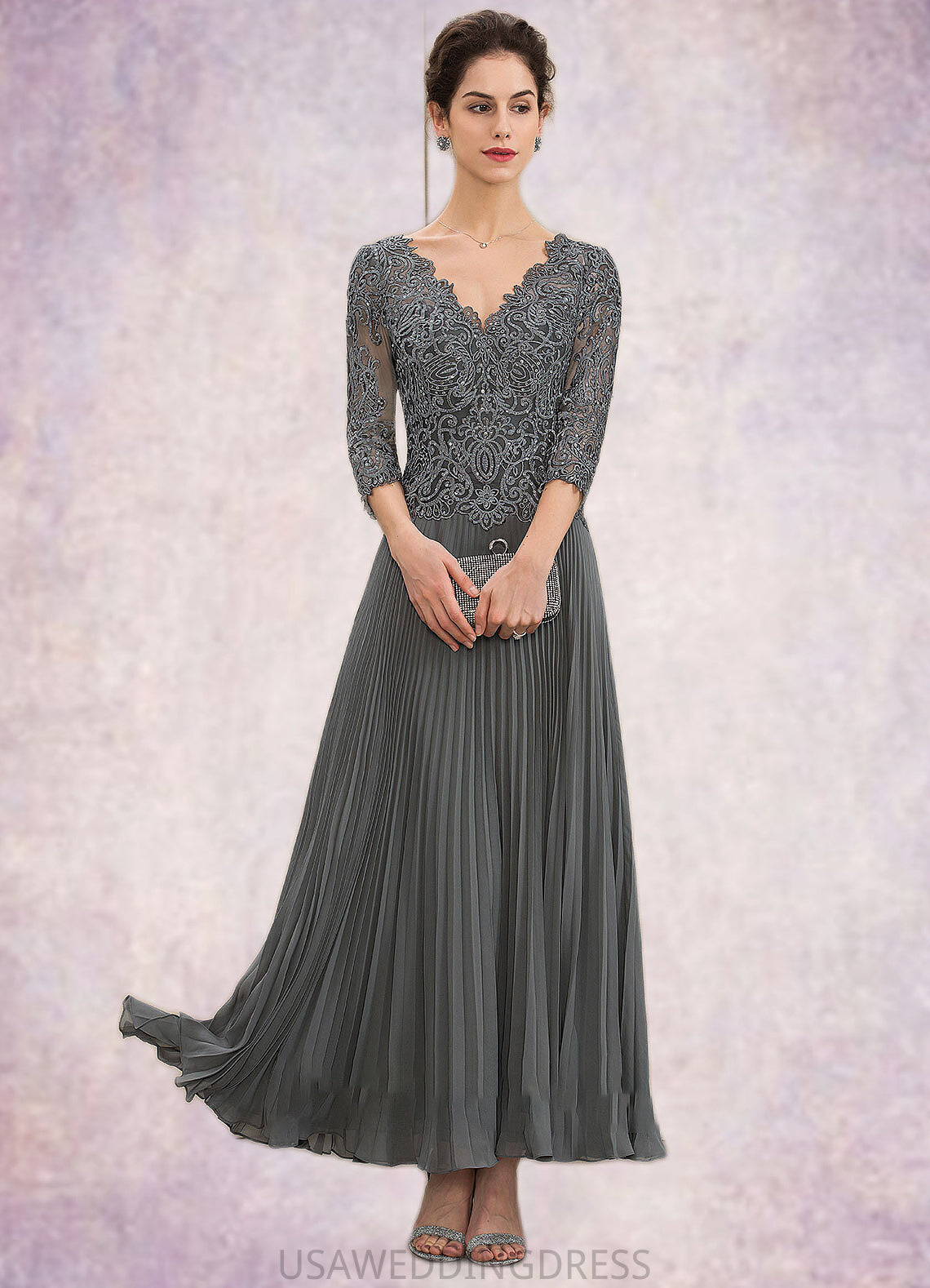 Leilani A-Line V-neck Ankle-Length Chiffon Lace Mother of the Bride Dress With Sequins Pleated DS126P0014745