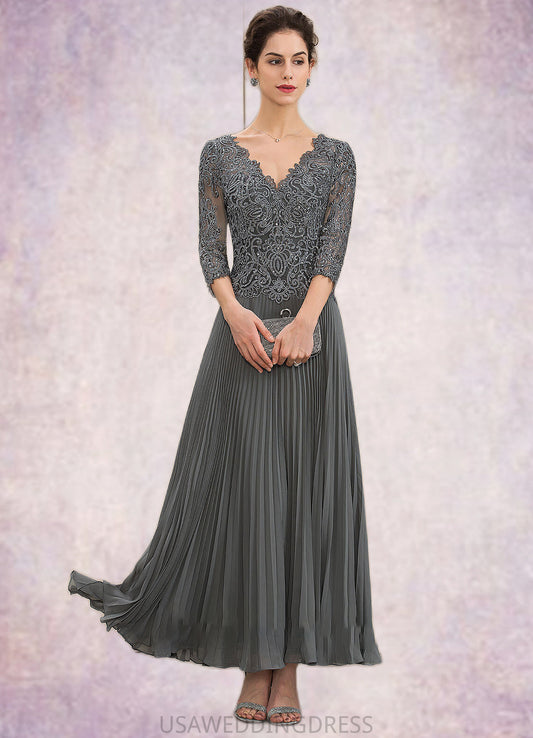 Leilani A-Line V-neck Ankle-Length Chiffon Lace Mother of the Bride Dress With Sequins Pleated DS126P0014745