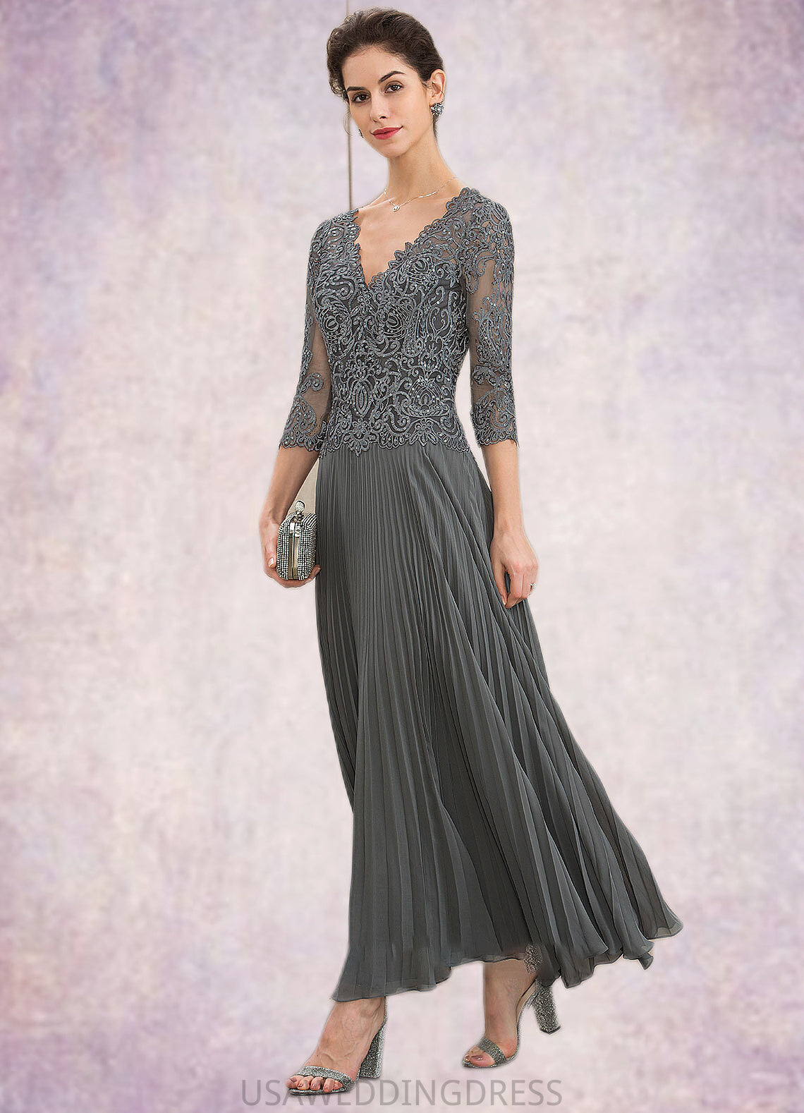 Leilani A-Line V-neck Ankle-Length Chiffon Lace Mother of the Bride Dress With Sequins Pleated DS126P0014745