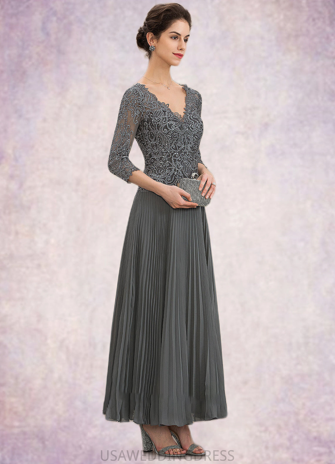 Leilani A-Line V-neck Ankle-Length Chiffon Lace Mother of the Bride Dress With Sequins Pleated DS126P0014745