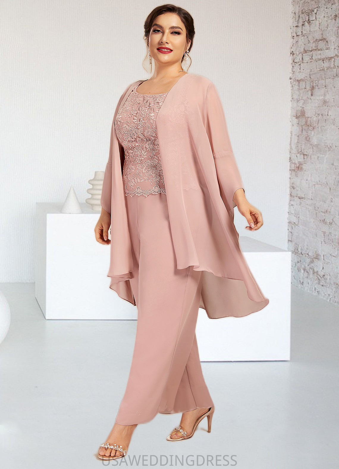 Khloe Jumpsuit/Pantsuit Scoop Neck Ankle-Length Chiffon Lace Mother of the Bride Dress DS126P0014746