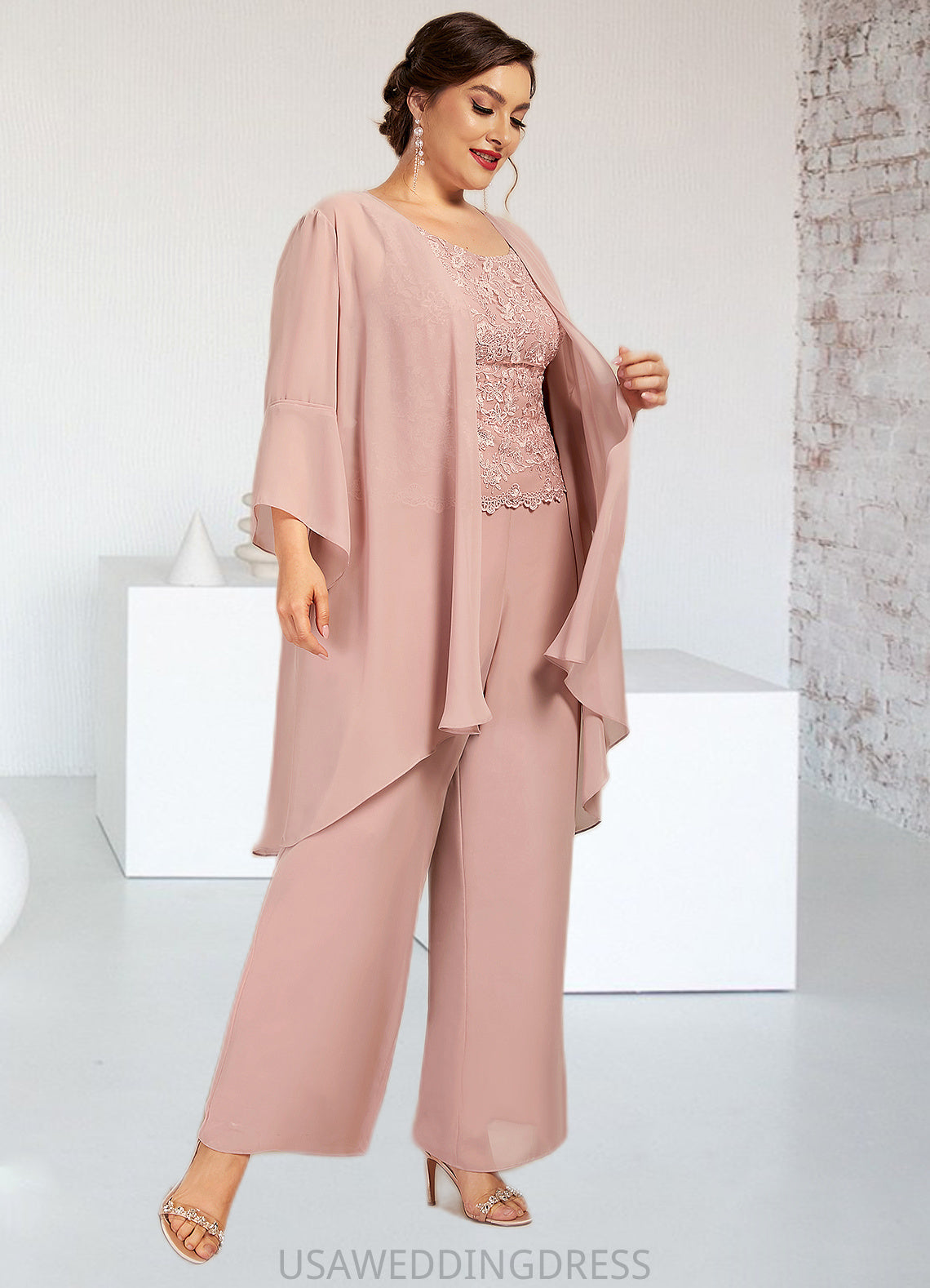 Khloe Jumpsuit/Pantsuit Scoop Neck Ankle-Length Chiffon Lace Mother of the Bride Dress DS126P0014746