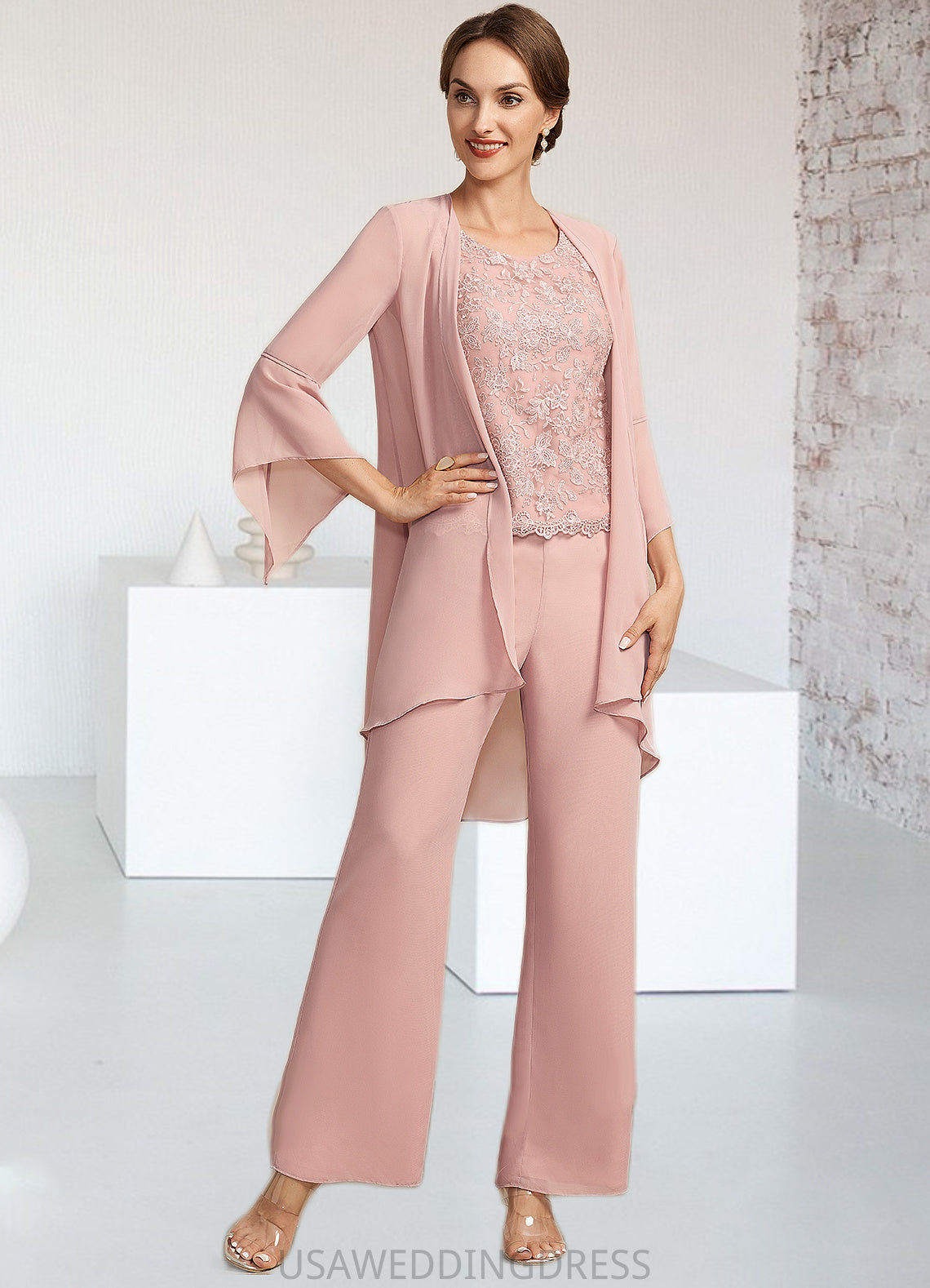 Khloe Jumpsuit/Pantsuit Scoop Neck Ankle-Length Chiffon Lace Mother of the Bride Dress DS126P0014746