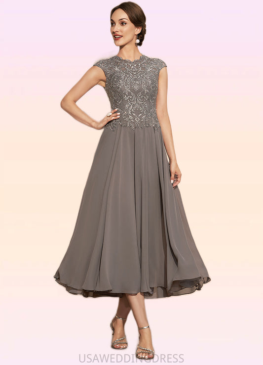 Karla A-Line Scoop Neck Tea-Length Chiffon Lace Mother of the Bride Dress With Beading DS126P0014774