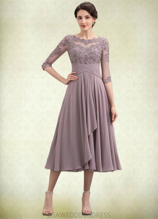 Brooklyn A-Line Scoop Neck Tea-Length Chiffon Lace Mother of the Bride Dress With Cascading Ruffles DS126P0014780