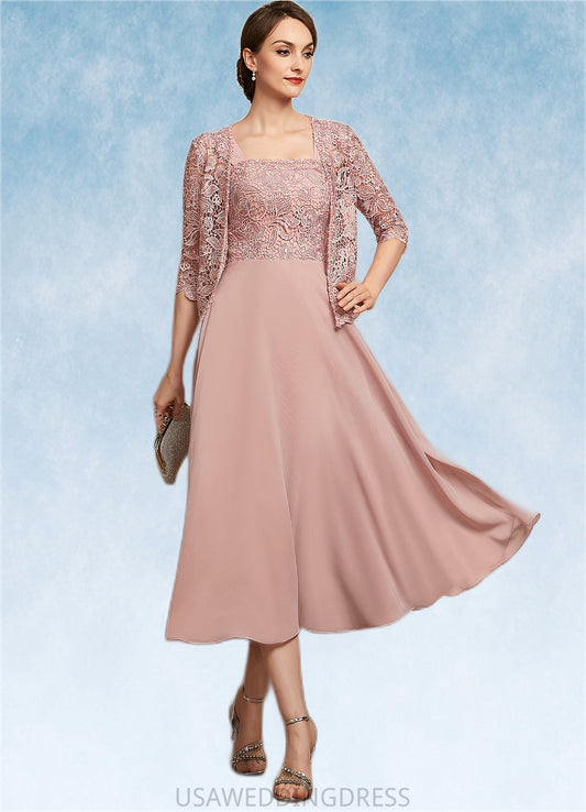 Makenna A-Line Square Neckline Tea-Length Chiffon Lace Mother of the Bride Dress With Beading Sequins DS126P0014789