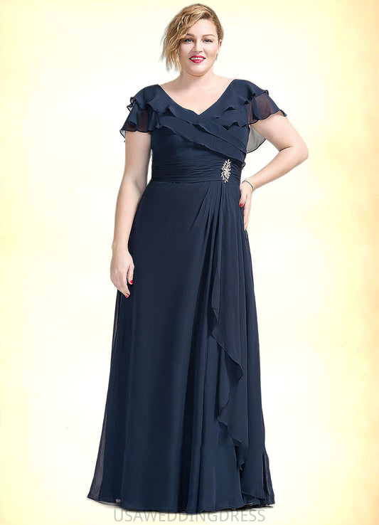 Armani A-Line V-neck Floor-Length Chiffon Mother of the Bride Dress With Crystal Brooch Cascading Ruffles DS126P0014796