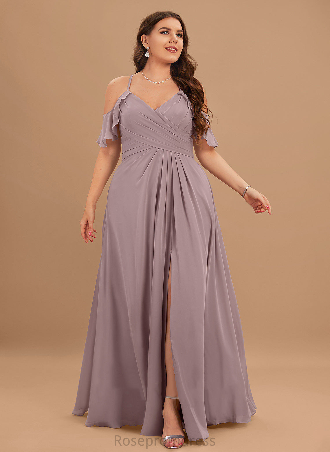 Embellishment Neckline ColdShoulder SplitFront Length Ruffle Floor-Length V-neck CascadingRuffles Silhouette A-Line Fabric Bridesmaid Dresses