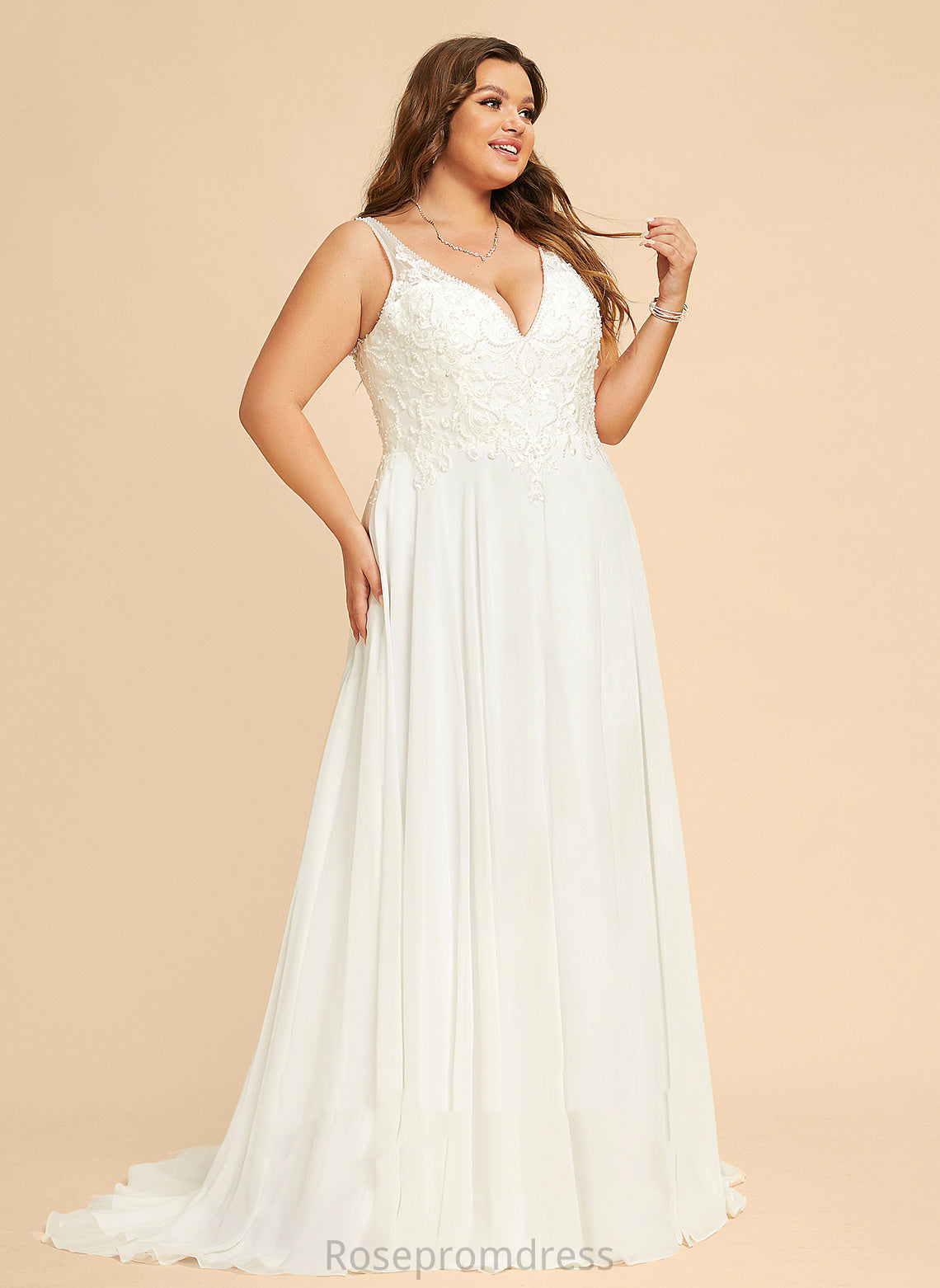 Beading A-Line V-neck Dress Wedding Thalia Sweep Sequins Split Chiffon Lace Wedding Dresses Front With Train