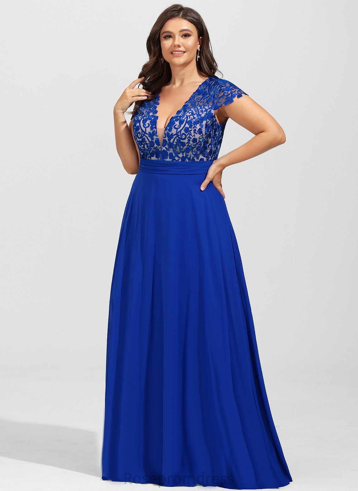 A-Line Lorna Ruffle With Floor-Length Chiffon V-neck Lace Prom Dresses