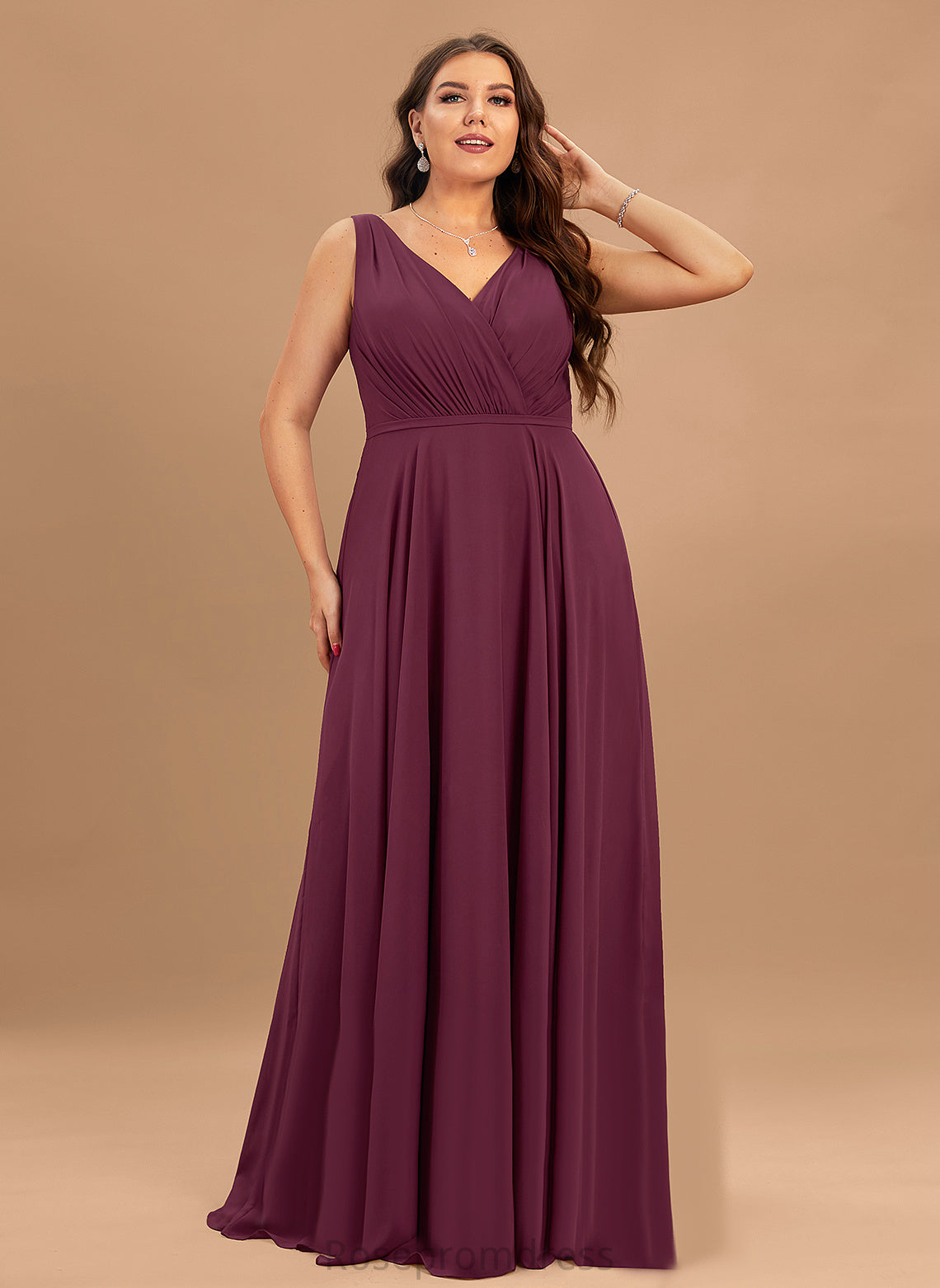 A-Line Floor-Length Pleated Chiffon Prom Dresses V-neck With Violet