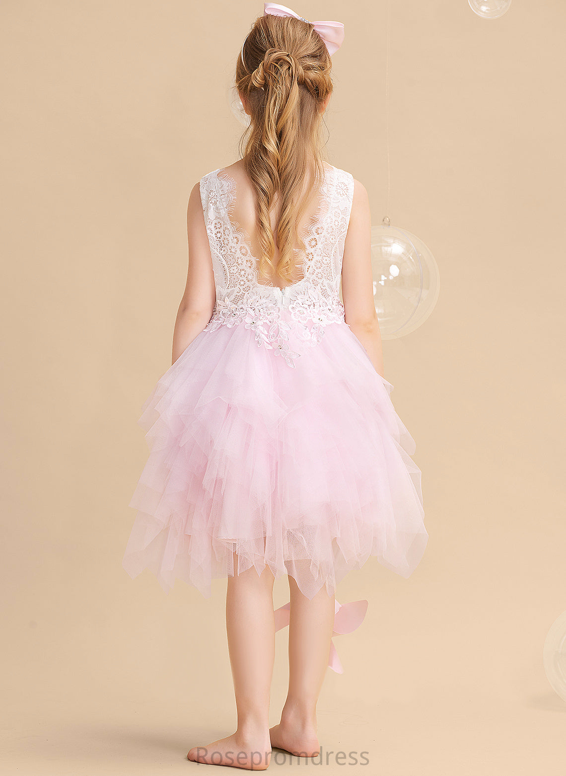 Lace/Beading/Sequins/V Flower Flower Girl Dresses Neck Sleeveless Back With Tulle/Lace Dress Knee-length Quinn Scoop Ball-Gown/Princess Girl