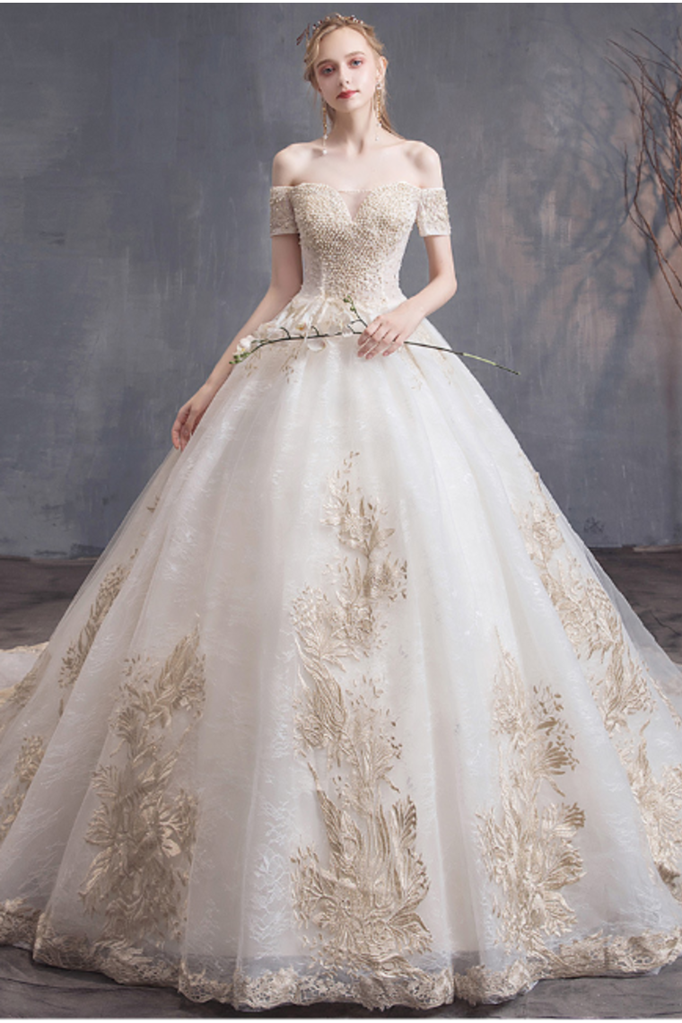 Ball Gown Tulle Wedding Dresses Off The Shoulder Appliques Beads Chapel Train