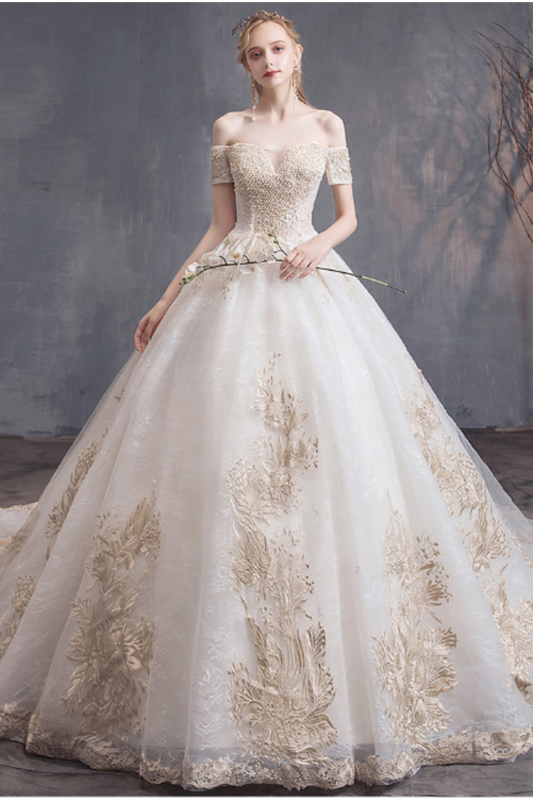 Ball Gown Tulle Wedding Dresses Off The Shoulder Appliques Beads Chapel Train