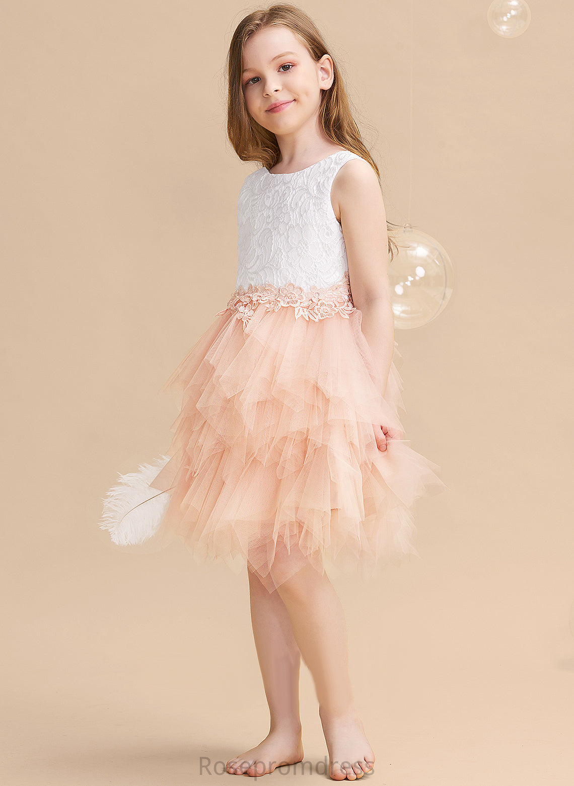 Lace/Beading/Sequins/V Flower Flower Girl Dresses Neck Sleeveless Back With Tulle/Lace Dress Knee-length Quinn Scoop Ball-Gown/Princess Girl