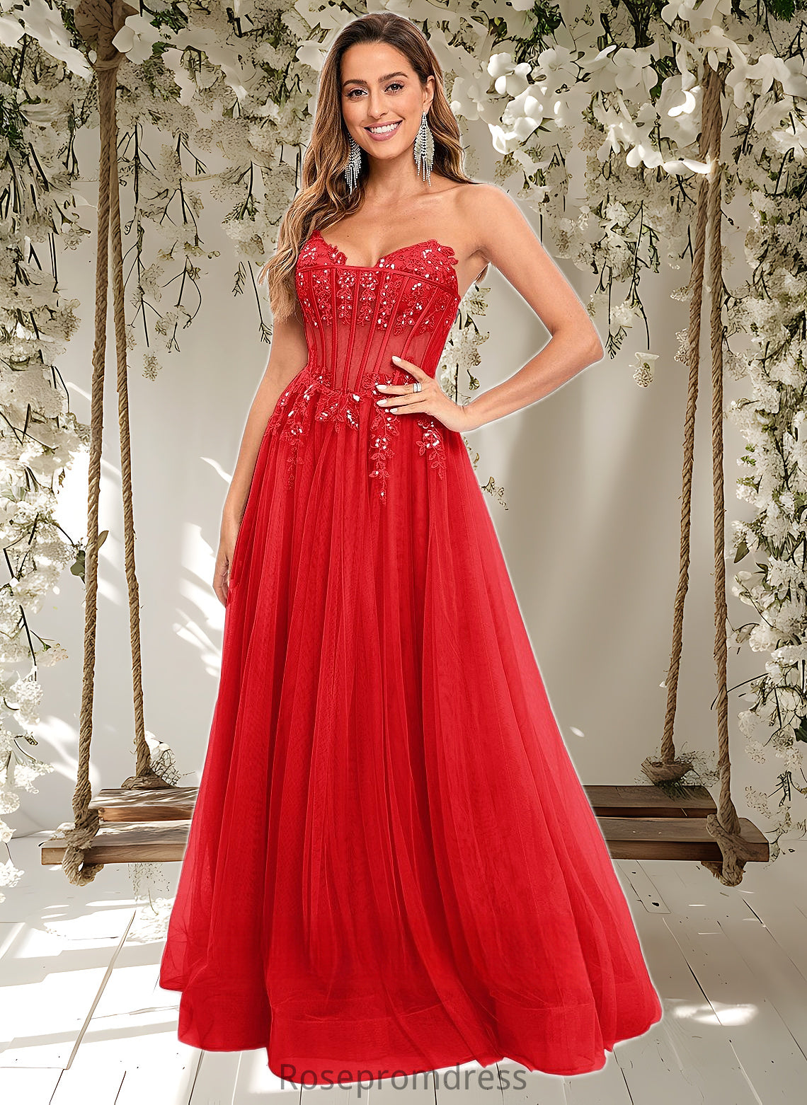 Camila Ball-Gown/Princess V-Neck Floor-Length Tulle Prom Dresses With Sequins Appliques Lace DSP0025837