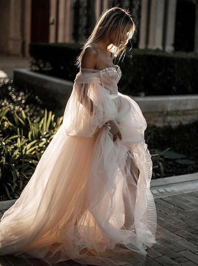 Princess Long Puff Sleeves Off the Shoulder Tulle Wedding Dresses, Beach Wedding Gowns SRS15298