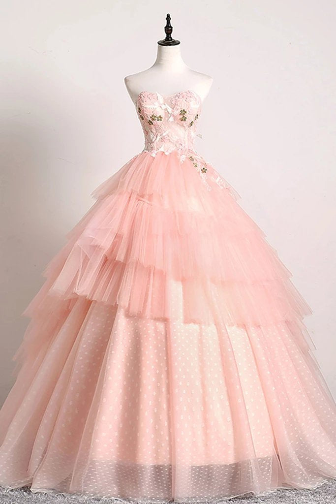 Princess Ball Gown Pink 3D Lace Multi-layered Prom Dresses, Tulle Quinceanera Dresses SRS15292