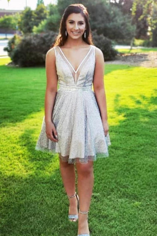 A-Line Short Homecoming Dress Sequin Tulle V Neck