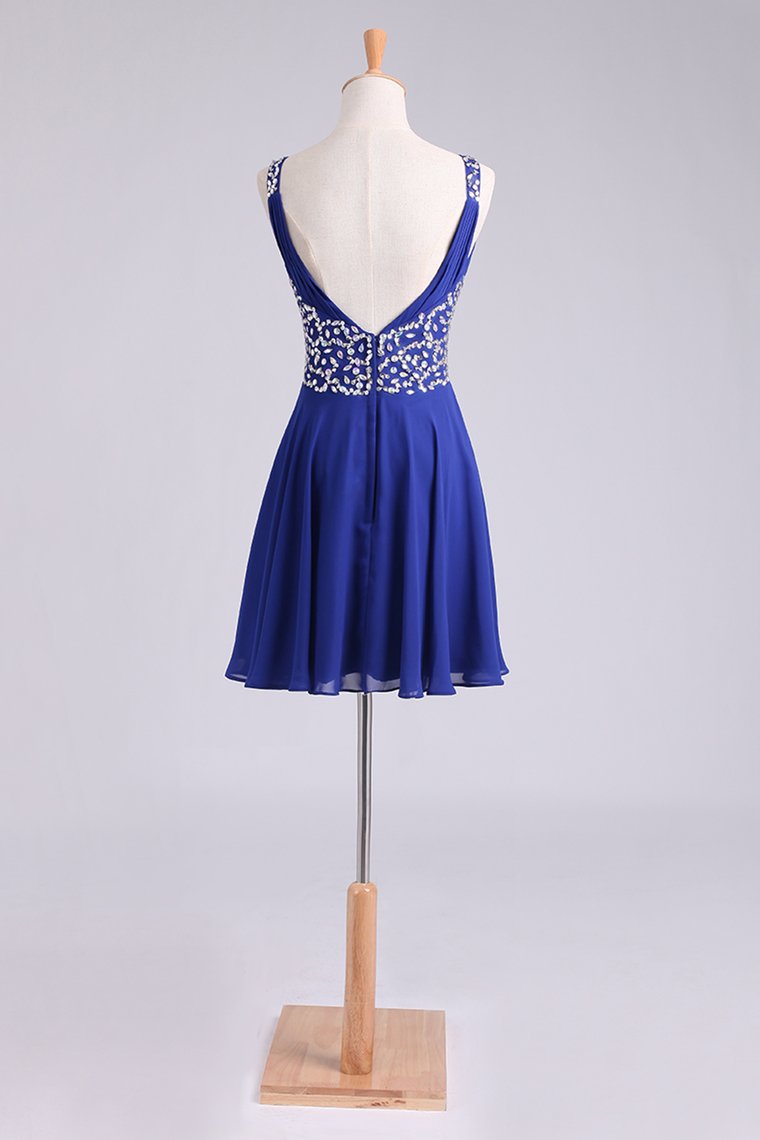 2024 Homecoming Dresses Straps A-Line Short/Mini Chiffon With Beads And Ruffles Dark Royal Blue