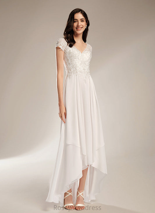 A-Line Asymmetrical Wedding Lace Chiffon Dalia With V-neck Wedding Dresses Dress