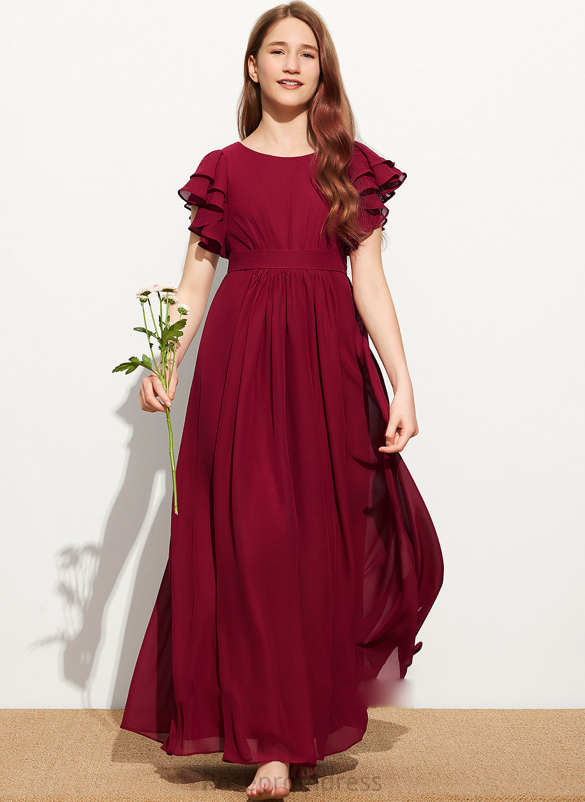 With A-Line Neck Chiffon Phoebe Scoop Junior Bridesmaid Dresses Ruffles Floor-Length Cascading